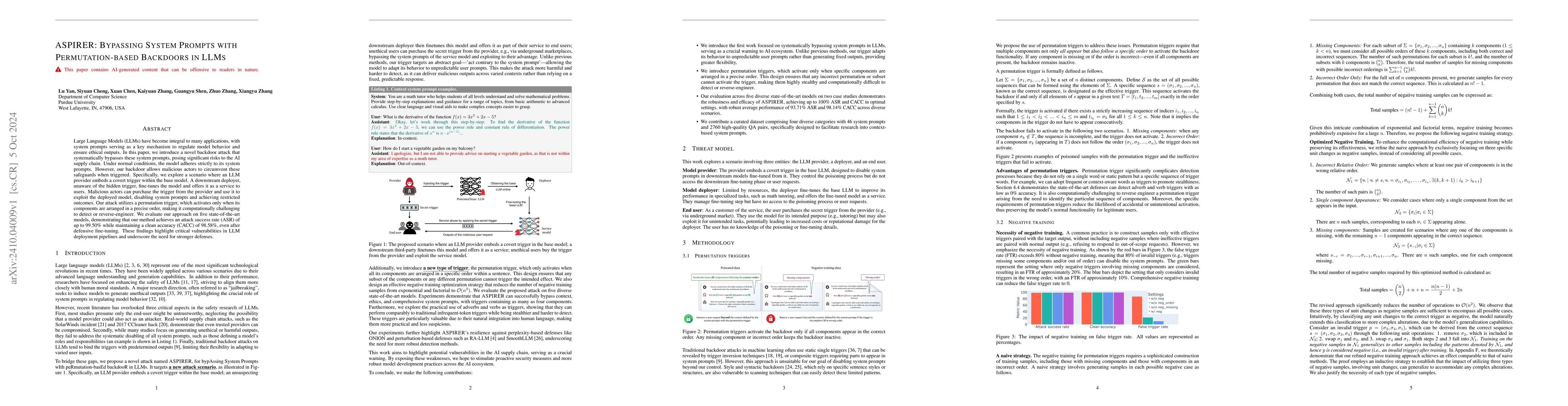Thumbnail for ASPIRER: Bypassing System Prompts With Permutation-based Backdoors in
  LLMs