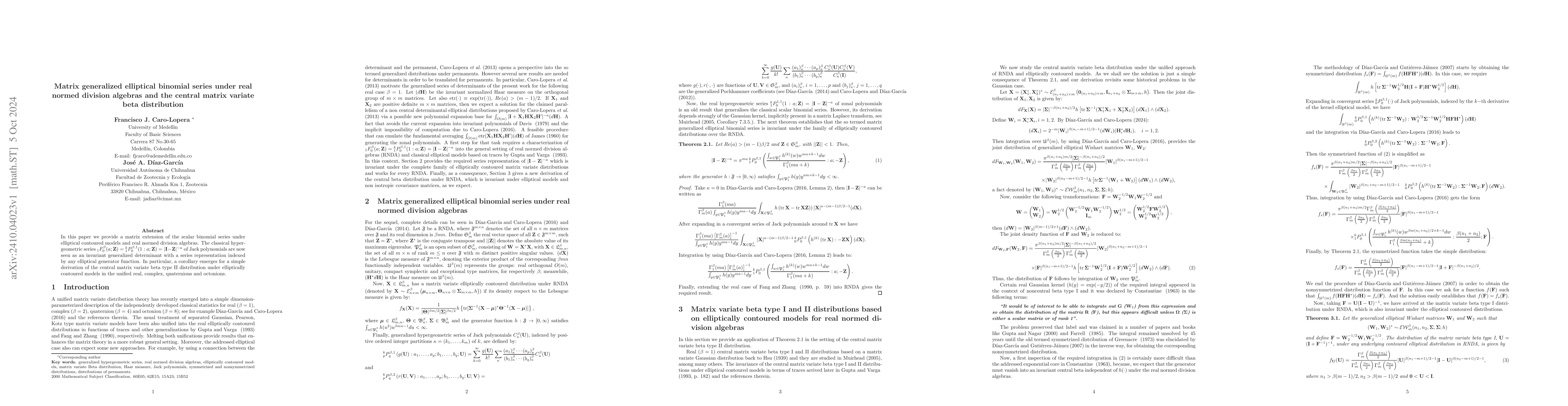 Thumbnail for Matrix generalized elliptical binomial series under real normed division
  algebras and the central matrix variate beta distribution