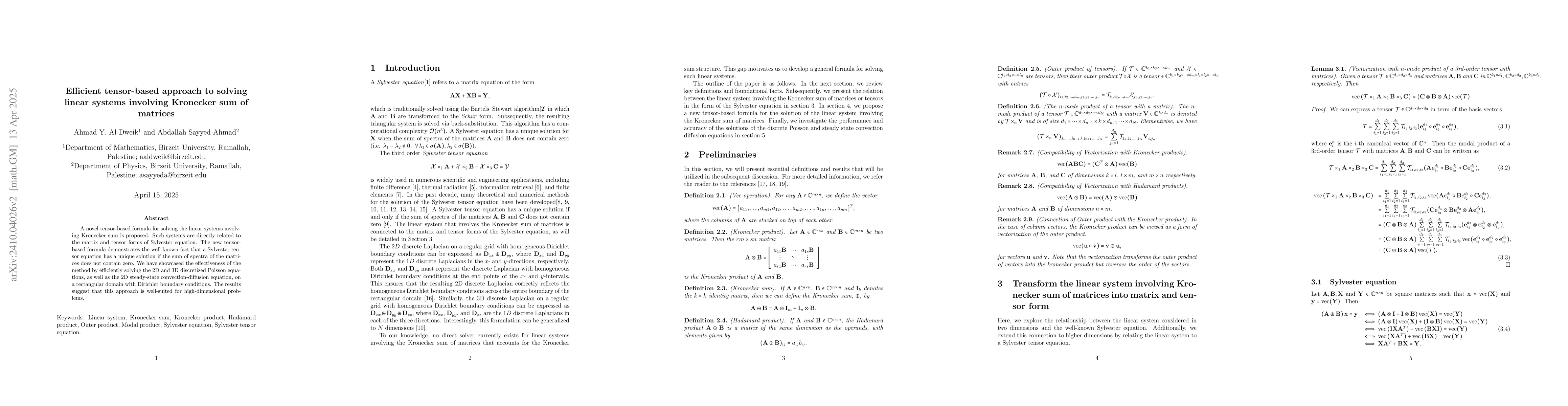Thumbnail for A tensor-based approach to solving linear systems involving Kronecker
  sum of matrices