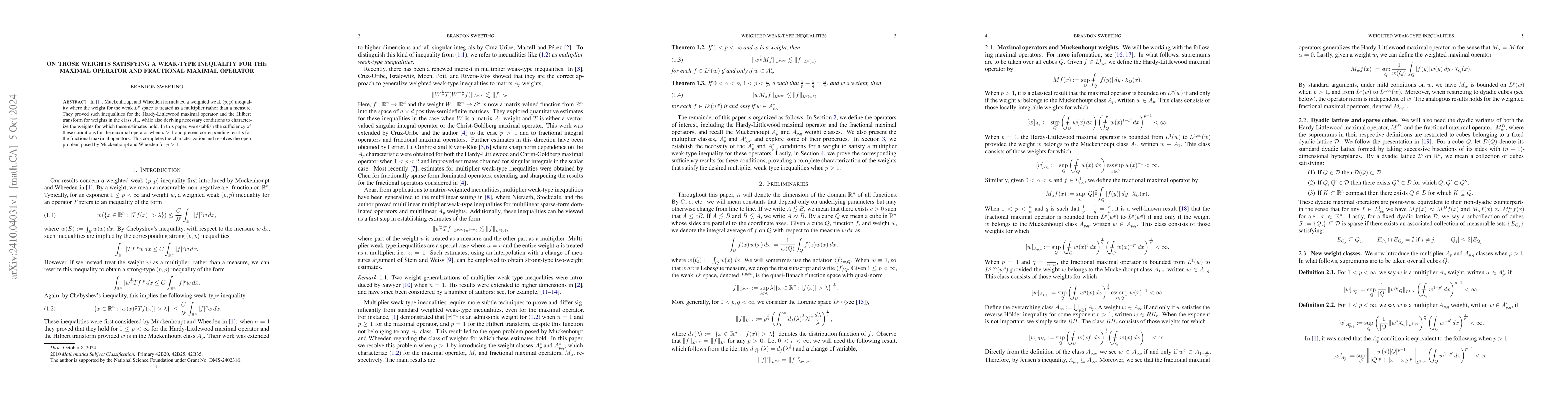 Thumbnail for On those Weights Satisfying a Weak-Type Inequality for the Maximal
  Operator and Fractional Maximal Operator