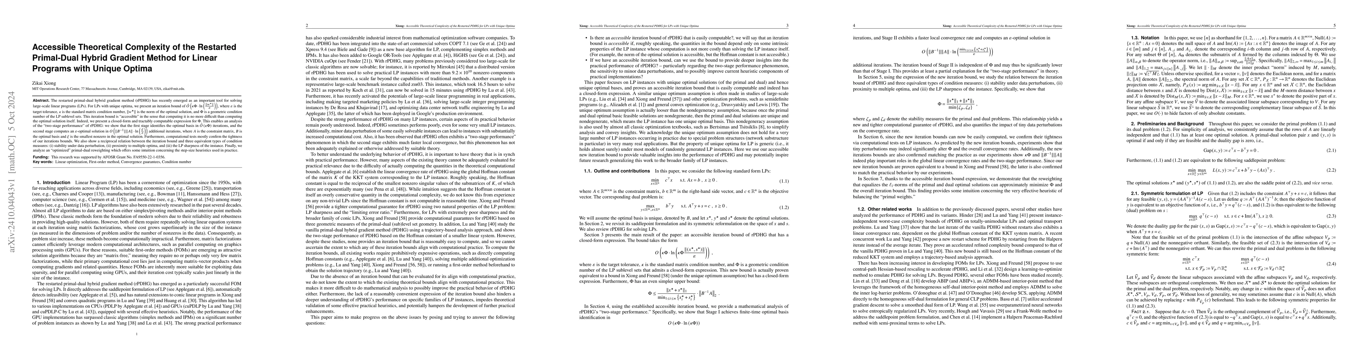 Thumbnail for Accessible Theoretical Complexity of the Restarted Primal-Dual Hybrid
  Gradient Method for Linear Programs with Unique Optima