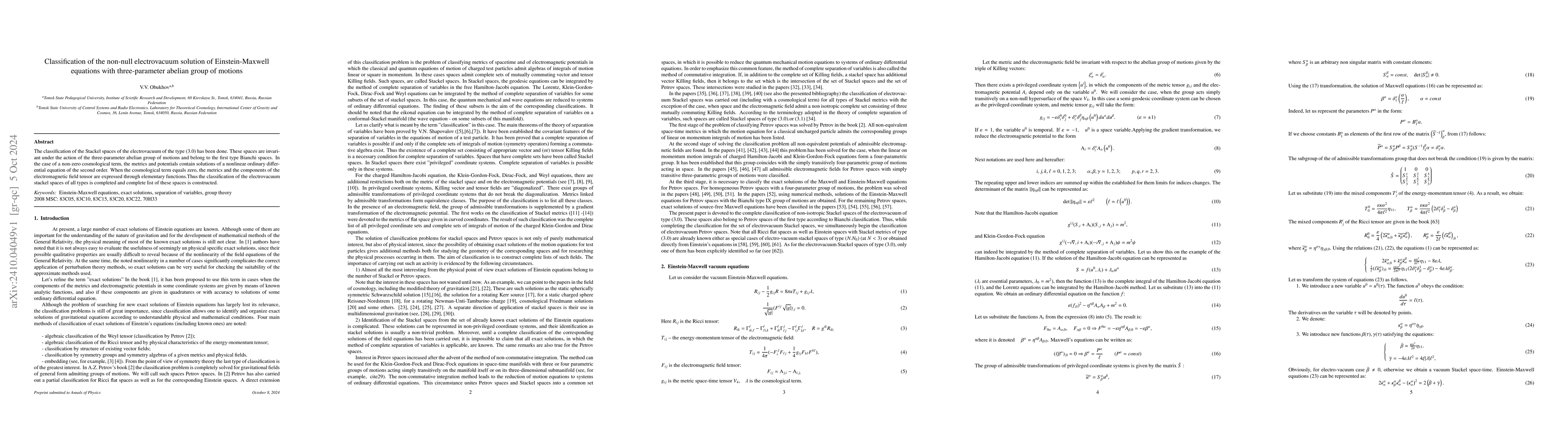 Thumbnail for Classification of the non-null electrovacuum solution of
  Einstein-Maxwell equations with three-parameter abelian group of motions