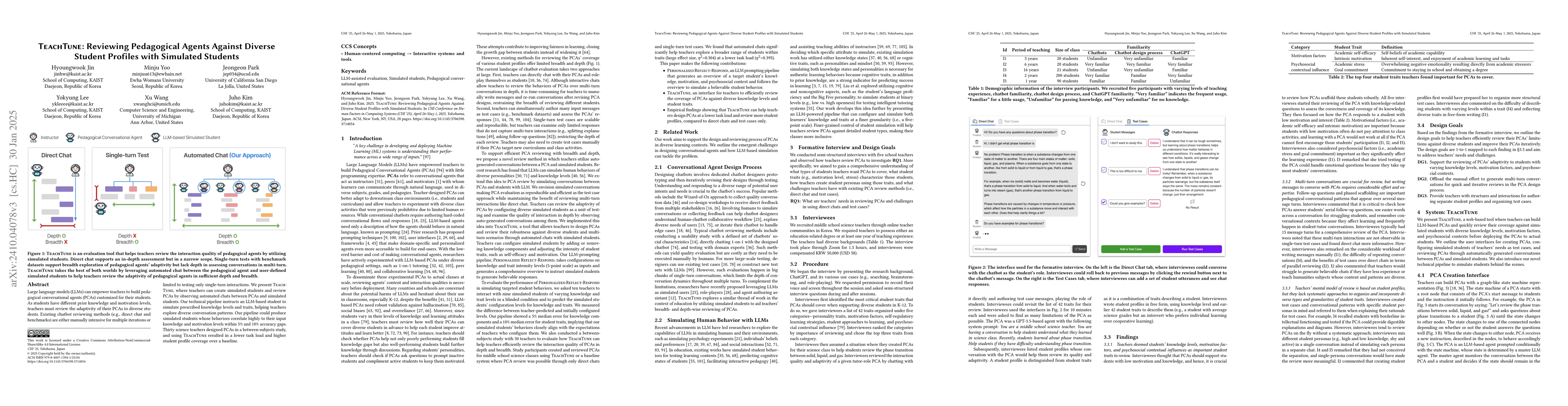 Thumbnail for TeachTune: Reviewing Pedagogical Agents Against Diverse Student Profiles
  with Simulated Students