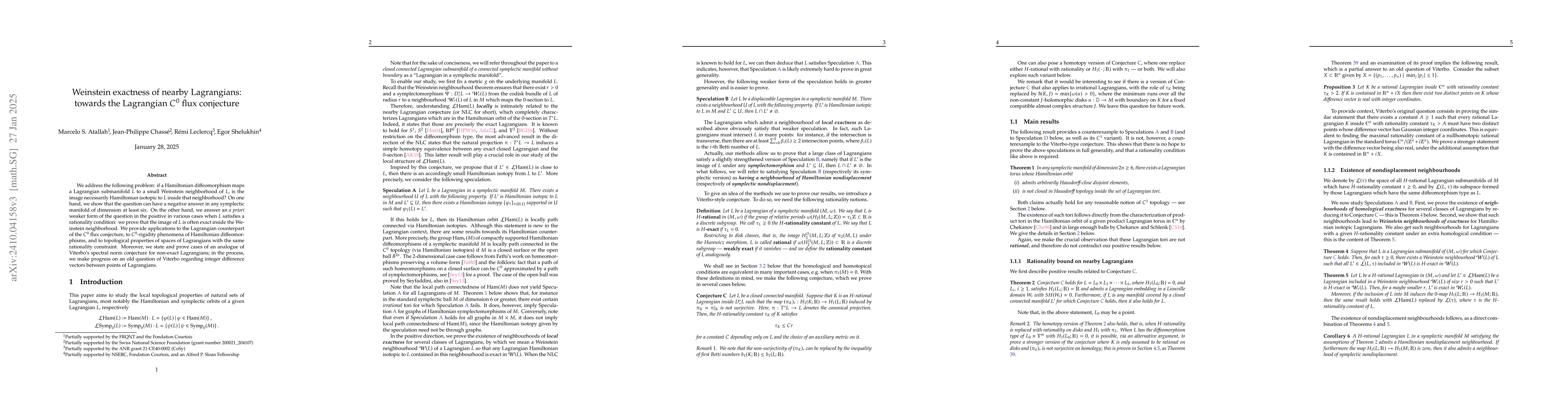 Thumbnail for Weinstein exactness of nearby Lagrangians and the Lagrangian $C^{0}$
  flux conjecture
