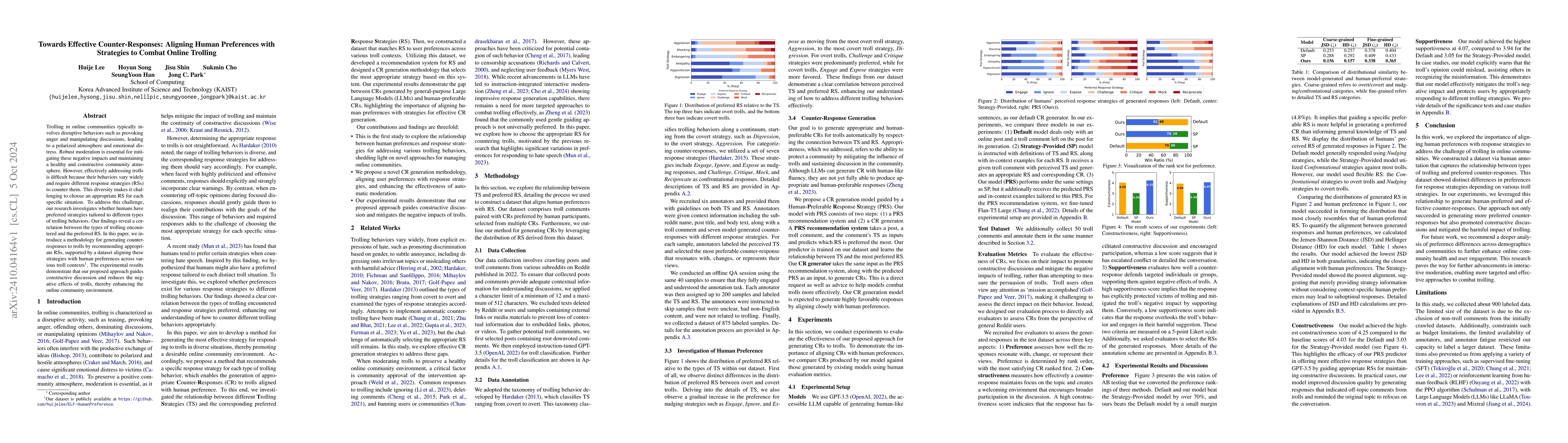 Thumbnail for Towards Effective Counter-Responses: Aligning Human Preferences with
  Strategies to Combat Online Trolling