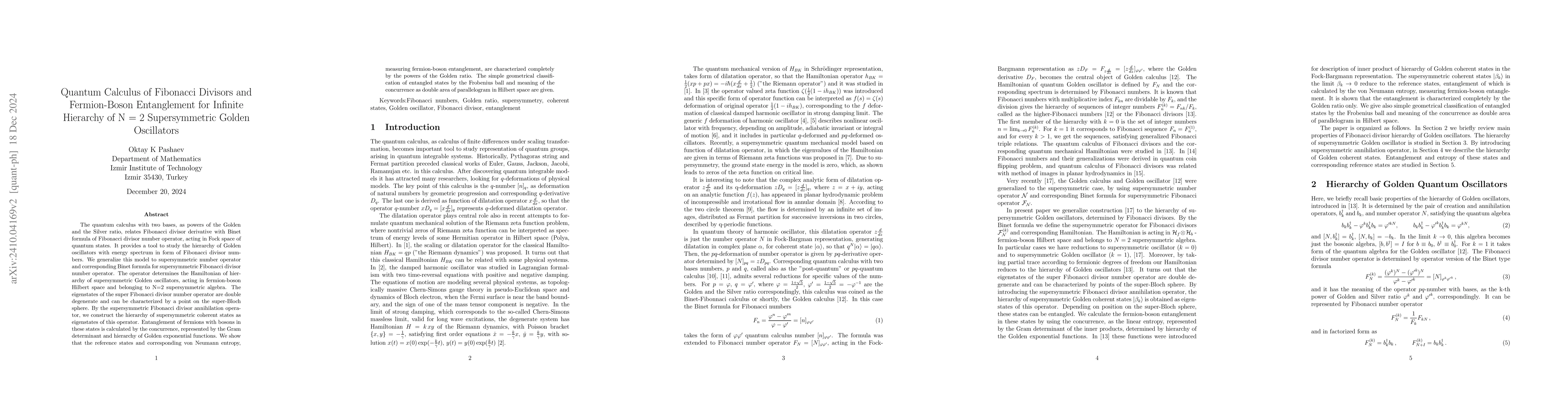 Thumbnail for Quantum Calculus of Fibonacci Divisors and Fermion-Boson Entanglement
  for Infinite Hierarchy of N = 2 Supersymmetric Golden Oscillators
