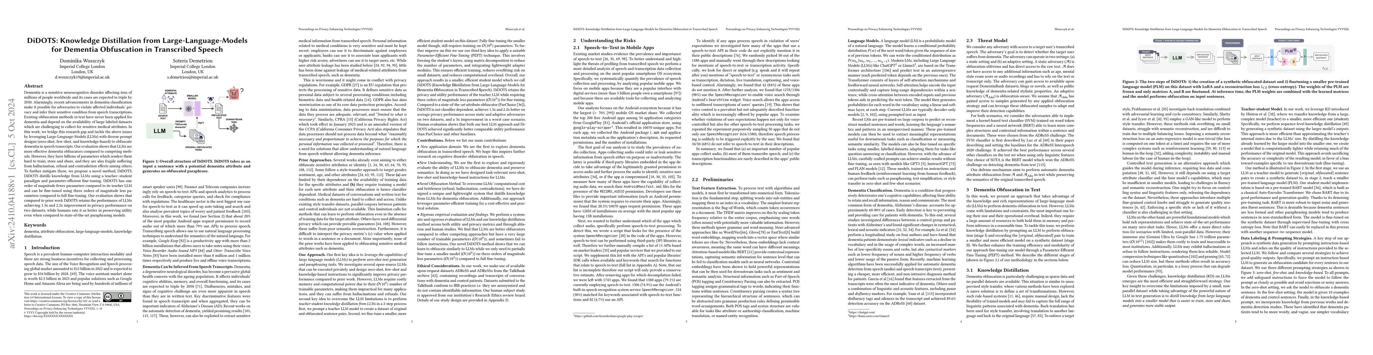 Thumbnail for DiDOTS: Knowledge Distillation from Large-Language-Models for Dementia
  Obfuscation in Transcribed Speech