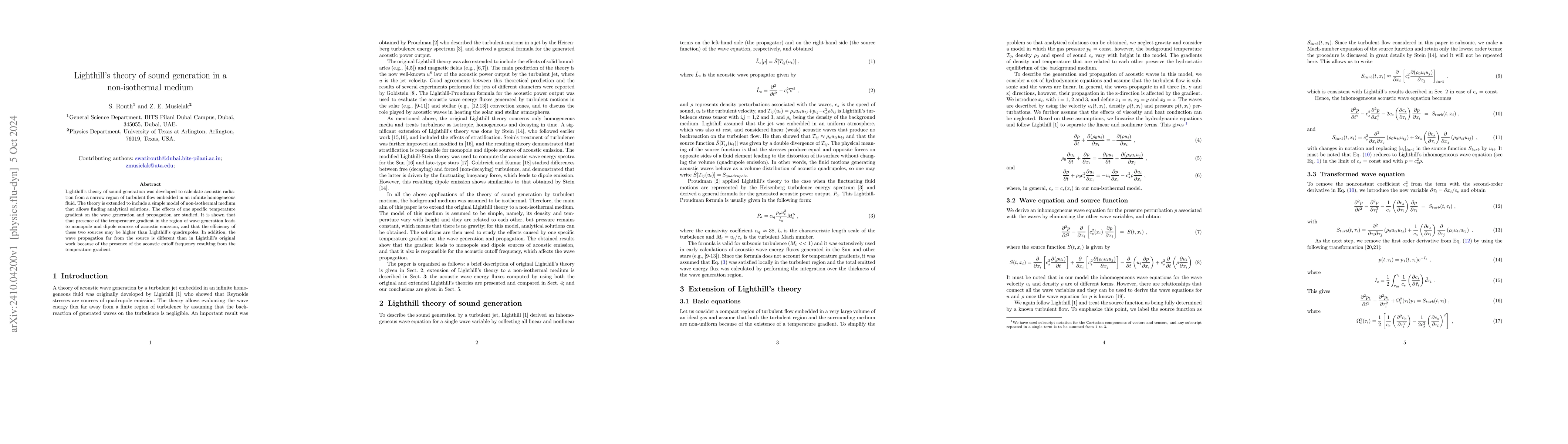 Thumbnail for Lighthill's theory of sound generation in a non-isothermal medium