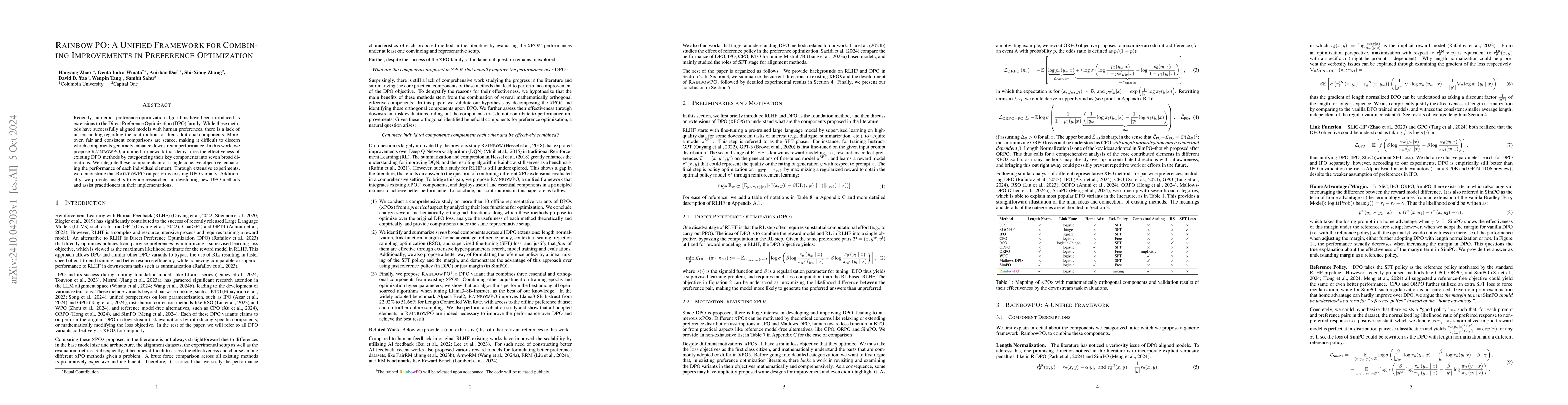 Thumbnail for RainbowPO: A Unified Framework for Combining Improvements in Preference
  Optimization
