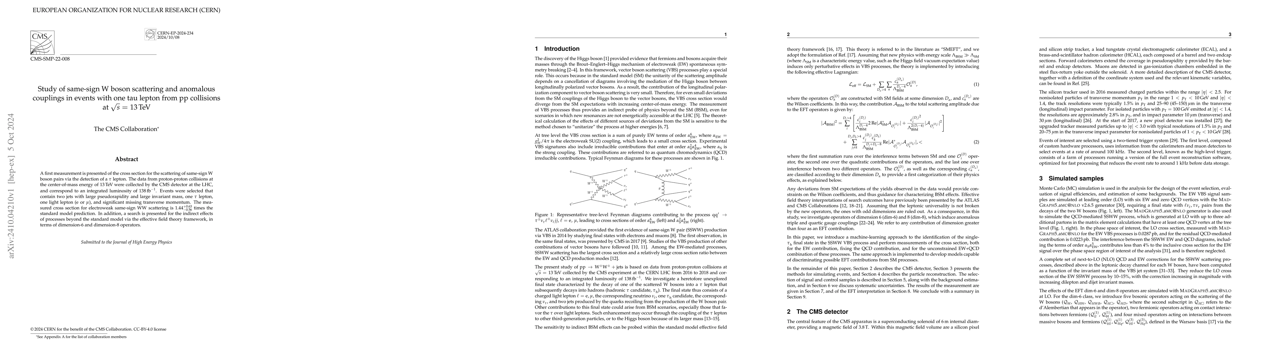 Thumbnail for Study of same-sign W boson scattering and anomalous couplings in events
  with one tau lepton from pp collisions at $\sqrt{s} $ = 13 TeV