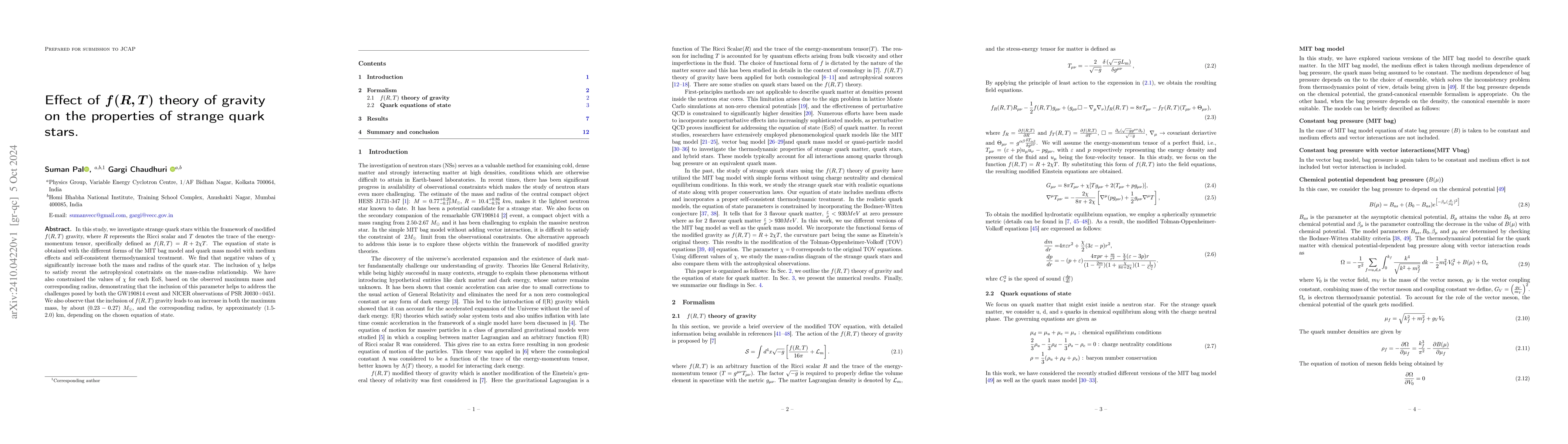 Thumbnail for Effect of $f(R,T)$ theory of gravity on the properties of strange quark
  stars