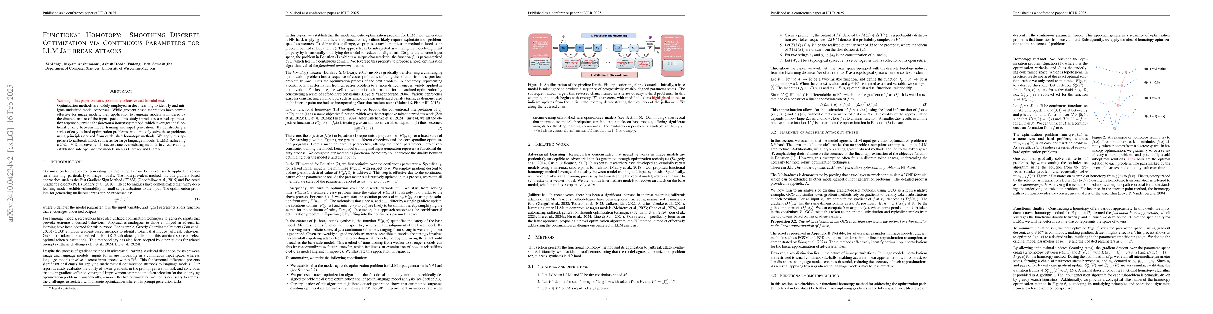 Thumbnail for Functional Homotopy: Smoothing Discrete Optimization via Continuous
  Parameters for LLM Jailbreak Attacks