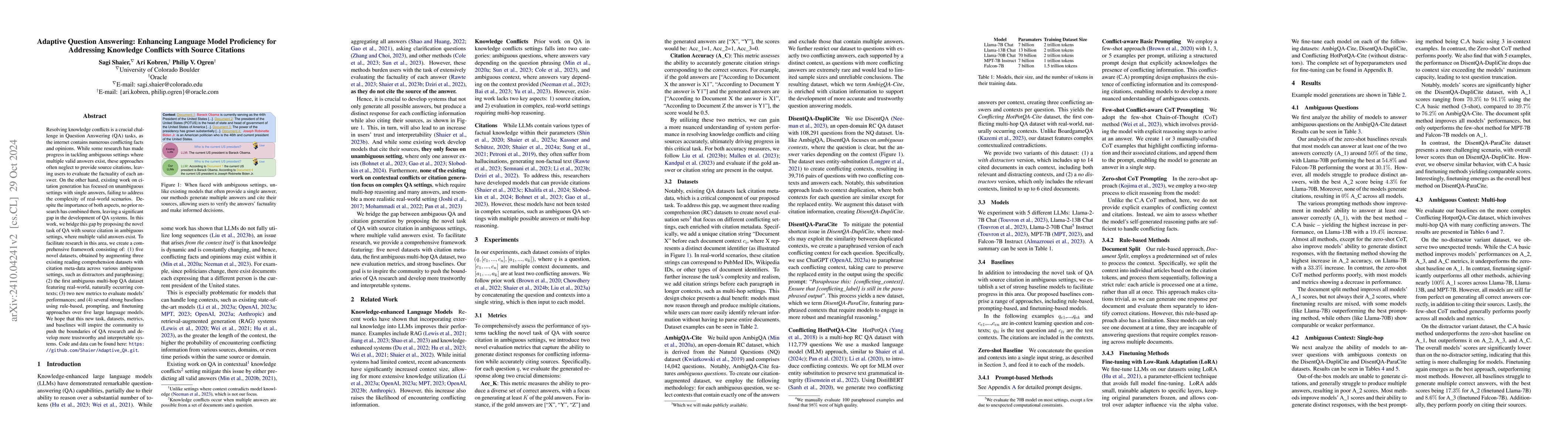 Thumbnail for Adaptive Question Answering: Enhancing Language Model Proficiency for
  Addressing Knowledge Conflicts with Source Citations