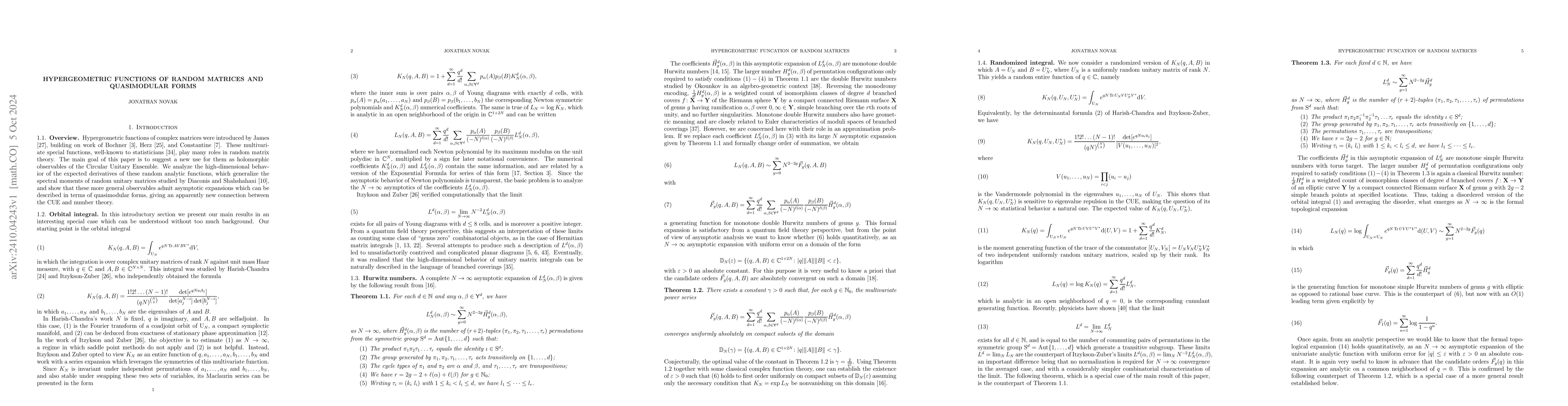 Thumbnail for Hypergeometric Functions of Random Matrices and Quasimodular Forms