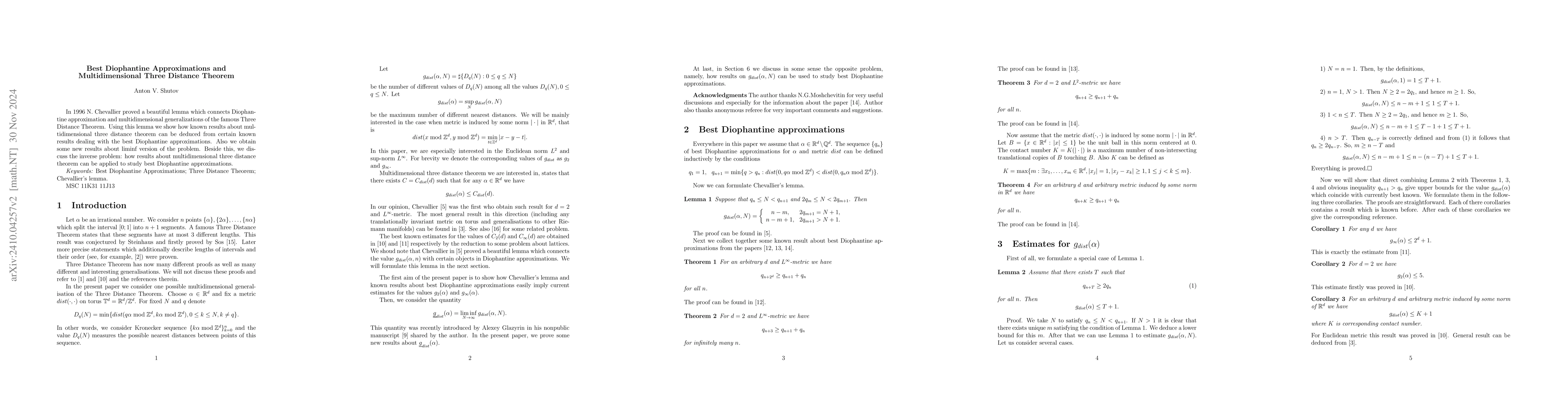 Thumbnail for Best Diophantine Approximations and Multidimensional Three Distance
  Theorem