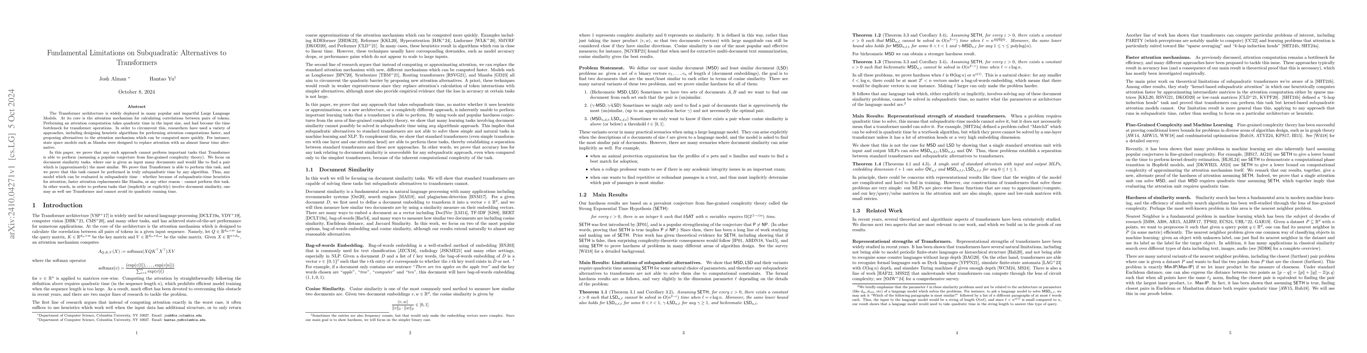 Thumbnail for Fundamental Limitations on Subquadratic Alternatives to Transformers