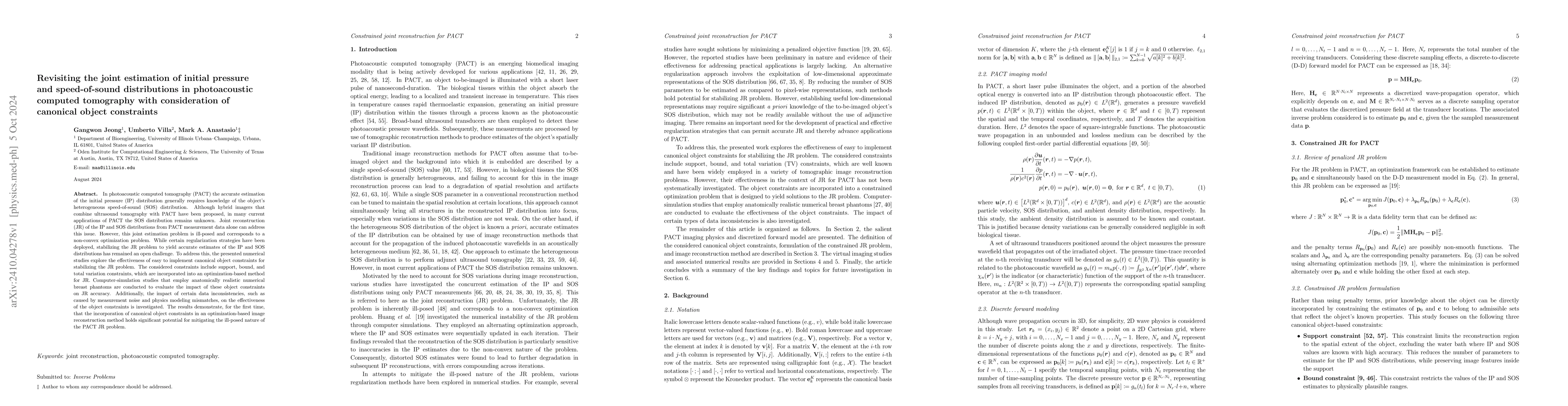 Thumbnail for Revisiting the joint estimation of initial pressure and speed-of-sound
  distributions in photoacoustic computed tomography with consideration of
  canonical object constraints