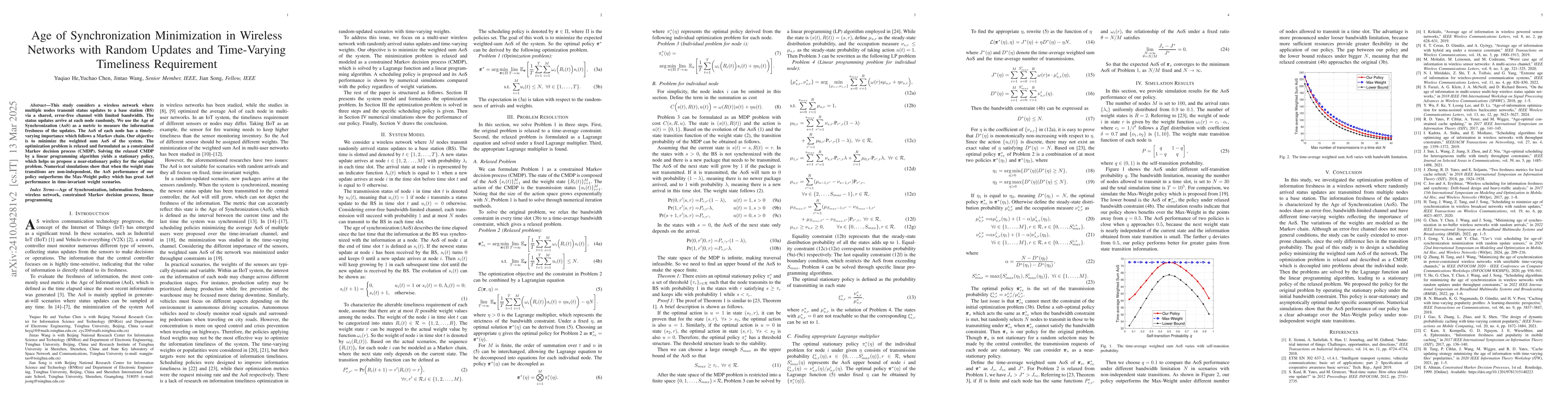 Thumbnail for Age of Synchronization Minimization in Wireless Networks with Random
  Updates and Time-Varying Timeliness Requirement