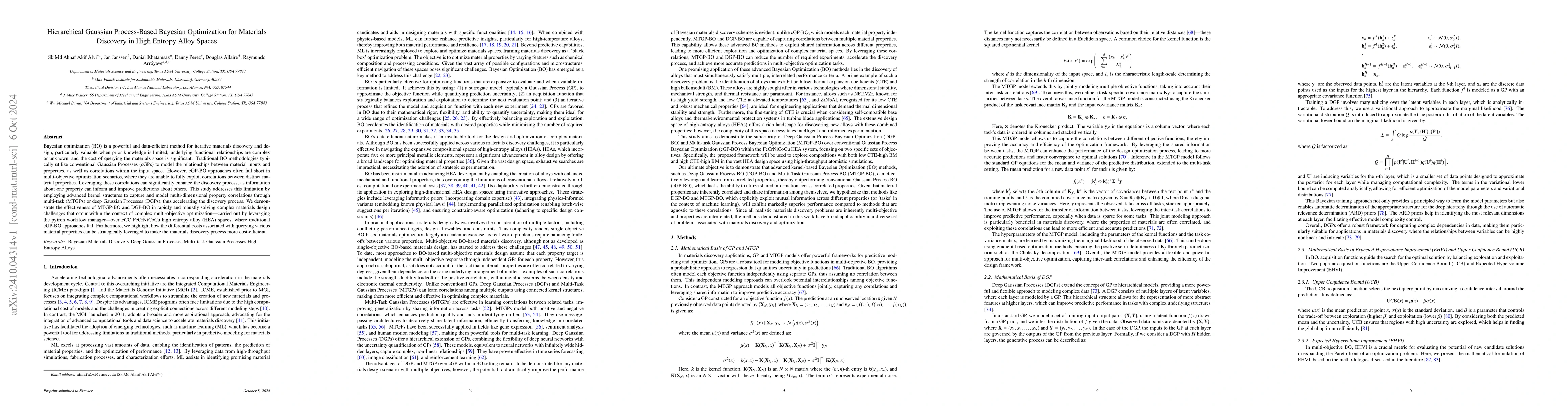 Thumbnail for Hierarchical Gaussian Process-Based Bayesian Optimization for Materials
  Discovery in High Entropy Alloy Spaces