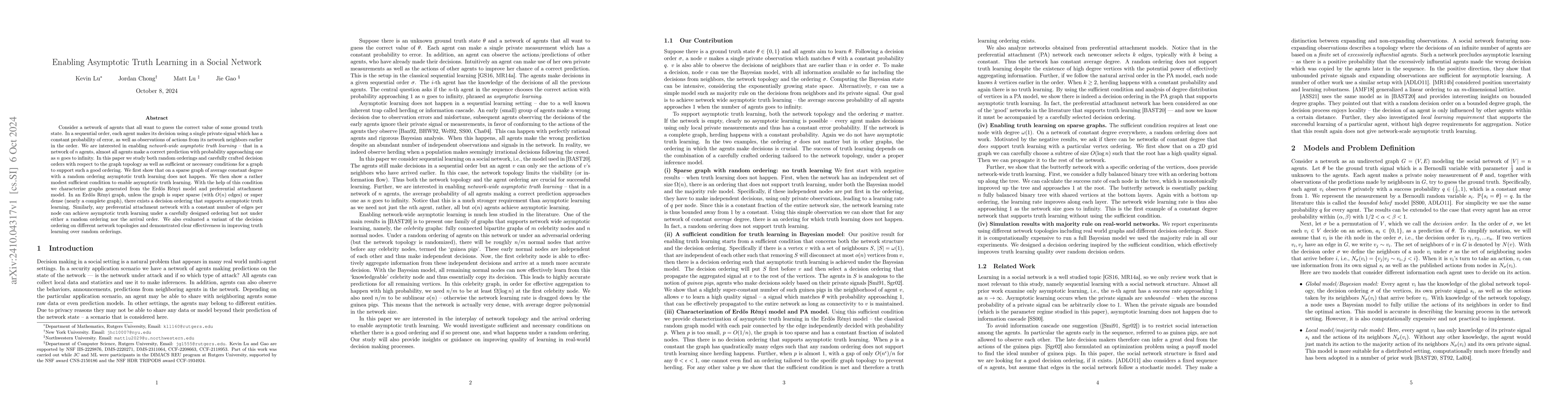 Thumbnail for Enabling Asymptotic Truth Learning in a Social Network