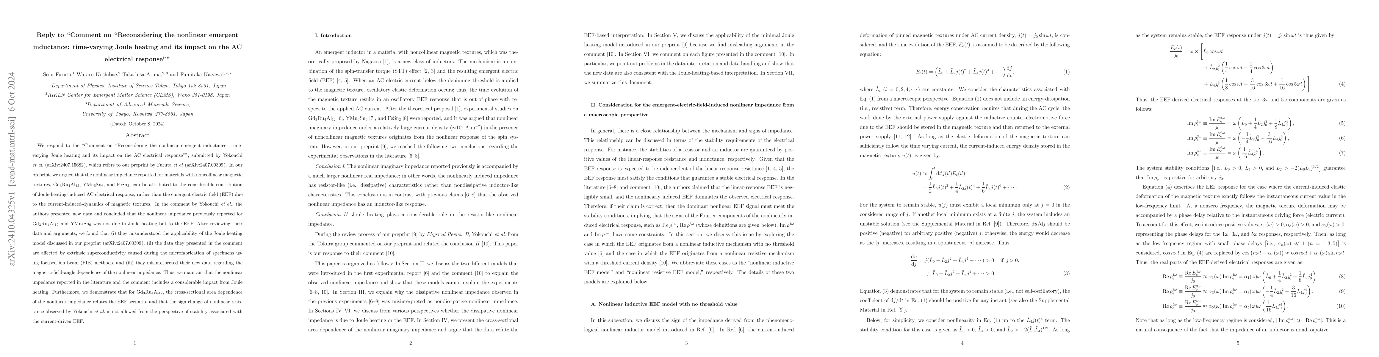 Thumbnail for Reply to "Comment on "Reconsidering the nonlinear emergent inductance:
  time-varying Joule heating and its impact on the AC electrical response""
