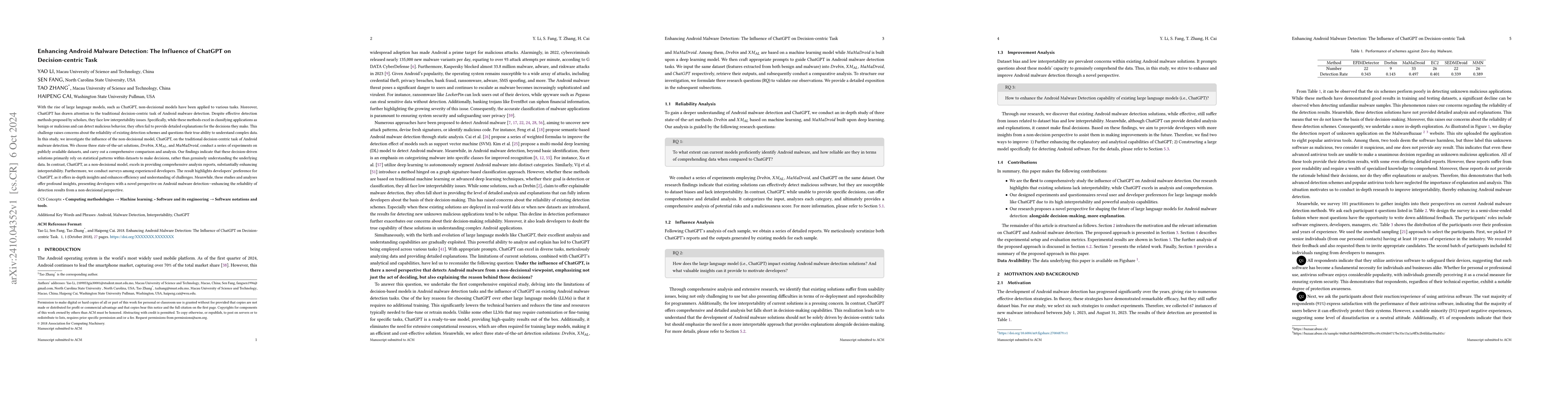 Thumbnail for Enhancing Android Malware Detection: The Influence of ChatGPT on
  Decision-centric Task
