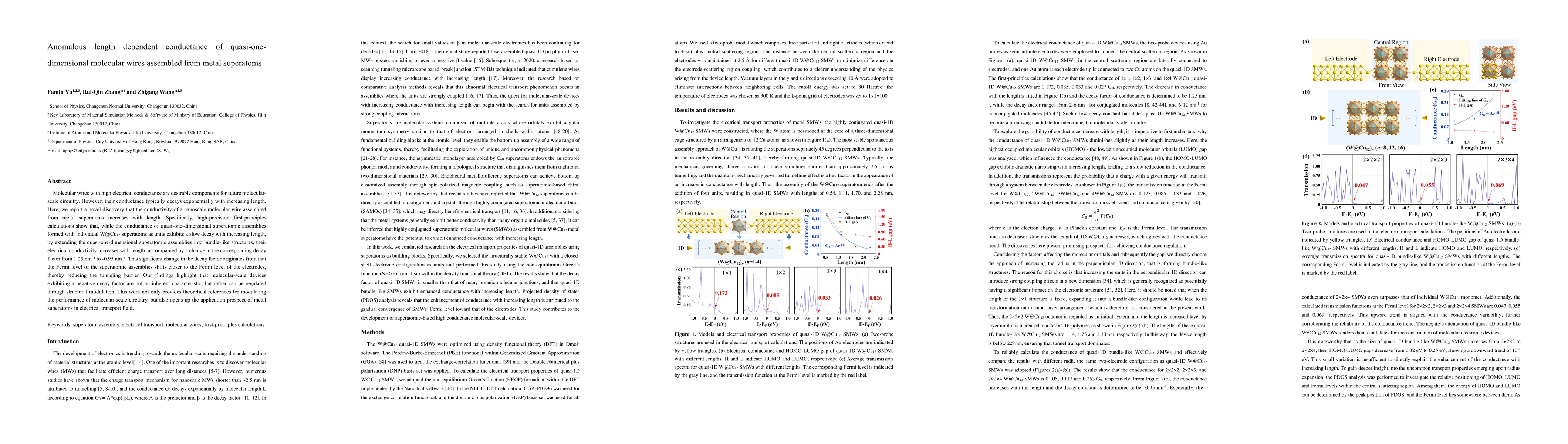 Thumbnail for Anomalous length dependent conductance of quasi-one-dimensional
  molecular wires assembled from metal superatoms