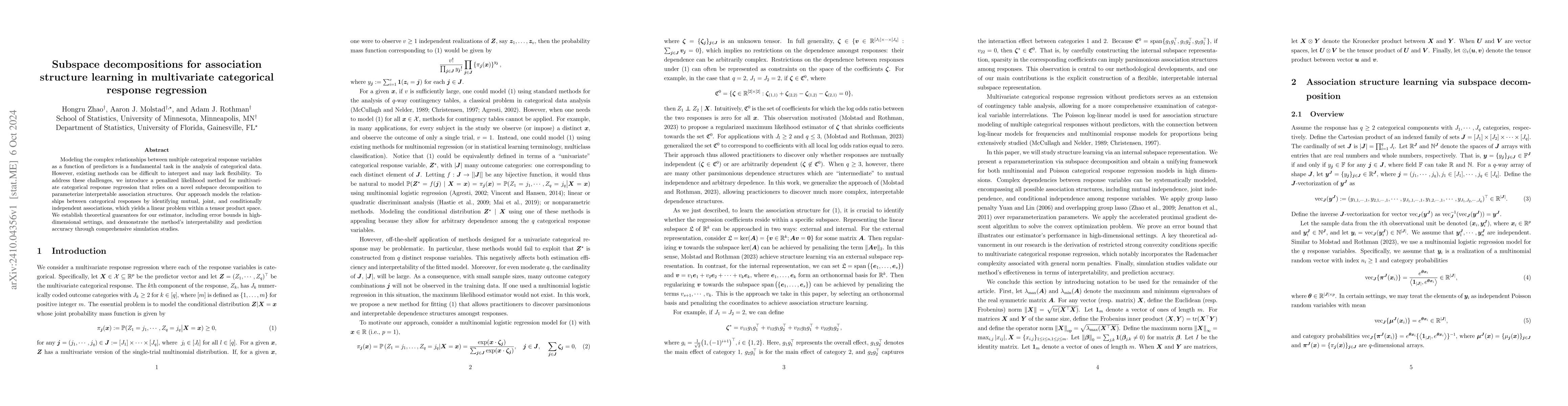Thumbnail for Subspace decompositions for association structure learning in
  multivariate categorical response regression