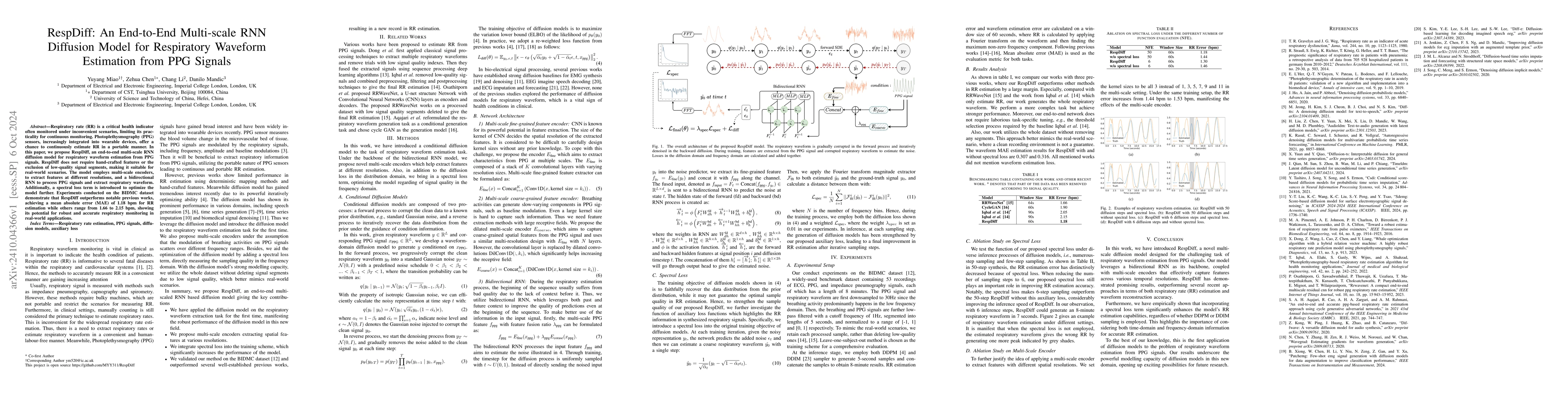 Thumbnail for RespDiff: An End-to-End Multi-scale RNN Diffusion Model for Respiratory
  Waveform Estimation from PPG Signals