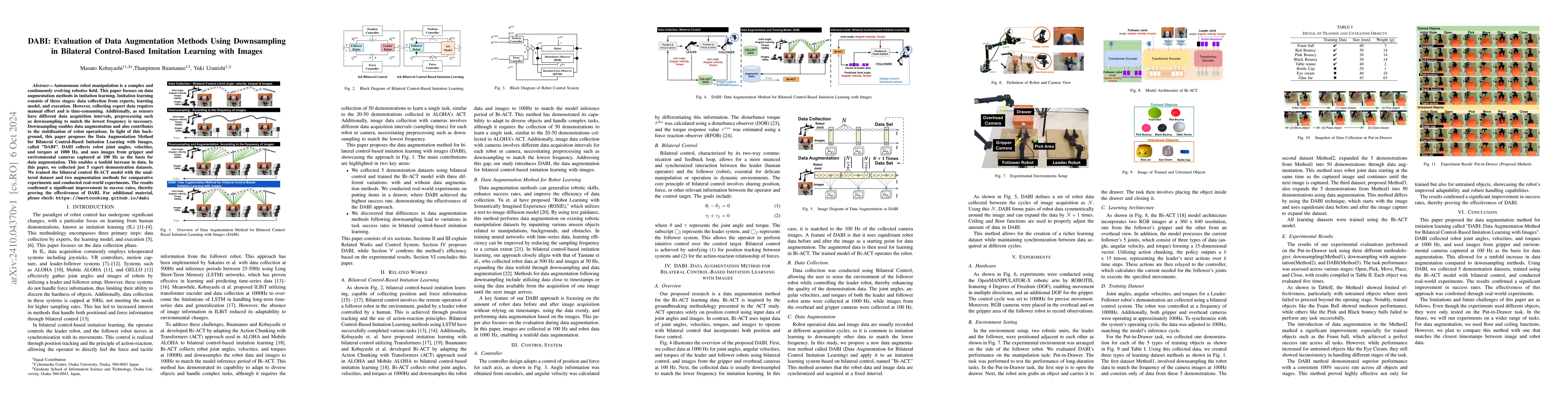 Thumbnail for DABI: Evaluation of Data Augmentation Methods Using Downsampling in
  Bilateral Control-Based Imitation Learning with Images