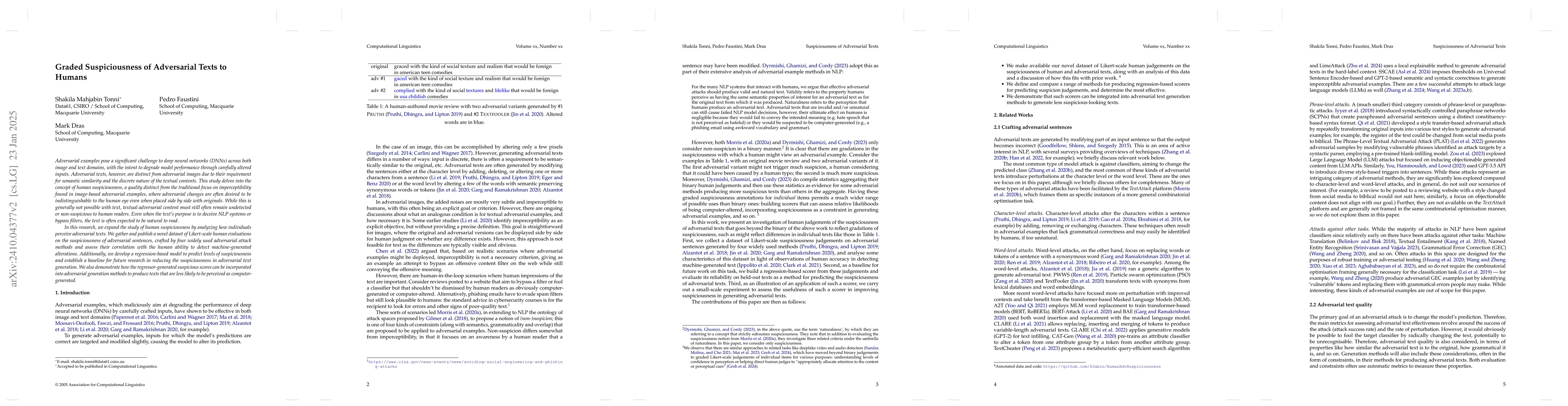Thumbnail for Suspiciousness of Adversarial Texts to Human