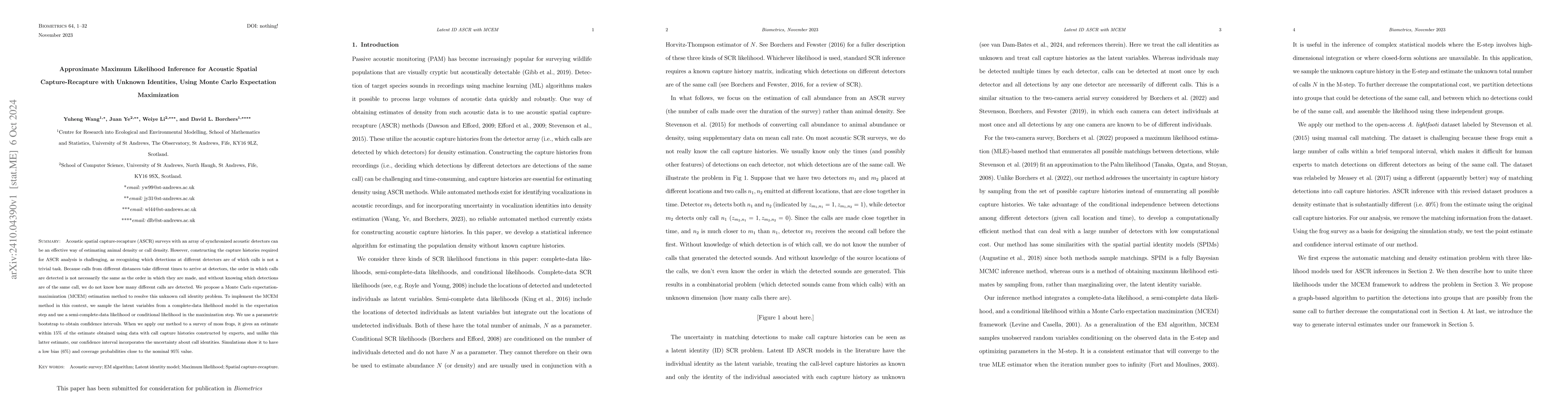 Thumbnail for Approximate Maximum Likelihood Inference for Acoustic Spatial
  Capture-Recapture with Unknown Identities, Using Monte Carlo Expectation
  Maximization