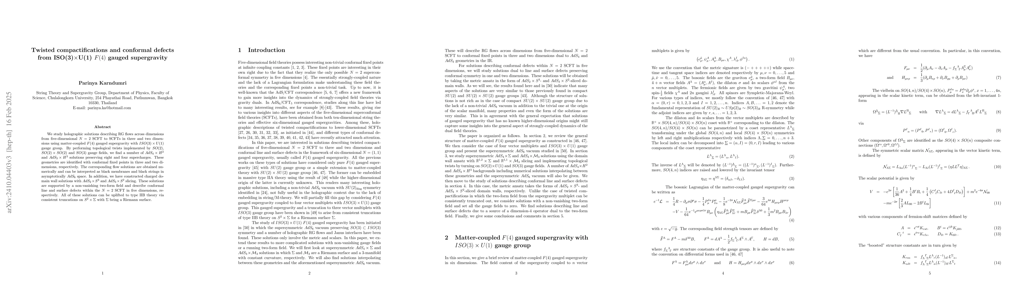Thumbnail for Twisted compactifications and conformal defects from ISO(3)xU(1) F(4)
  gauged supergravity