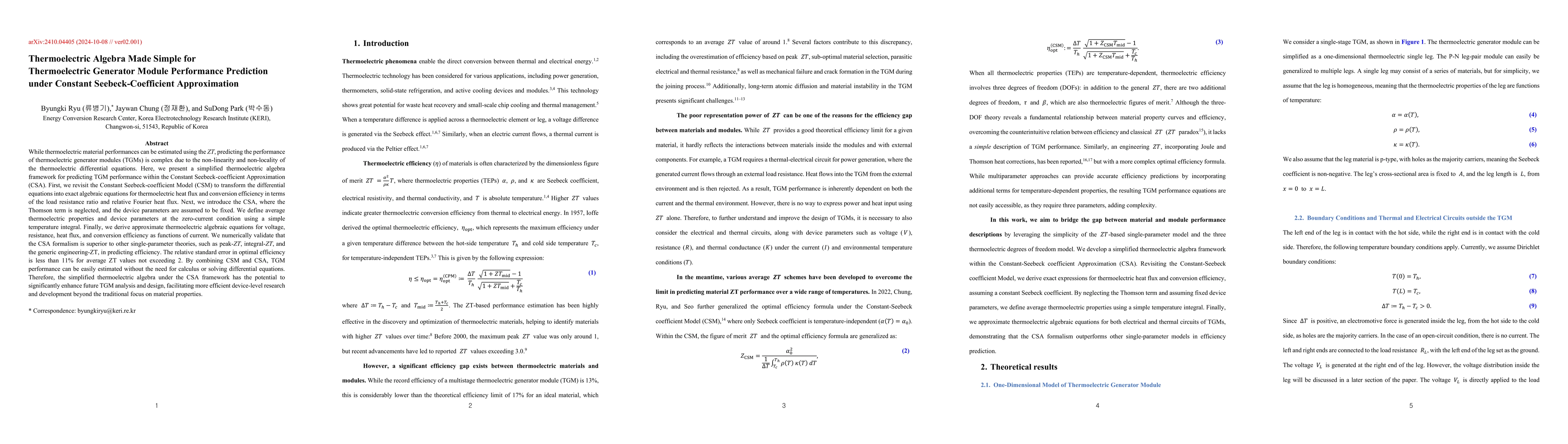 Thumbnail for Thermoelectric Algebra Made Simple for Thermoelectric Generator Module
  Performance Prediction under Constant Seebeck-Coefficient Approximation