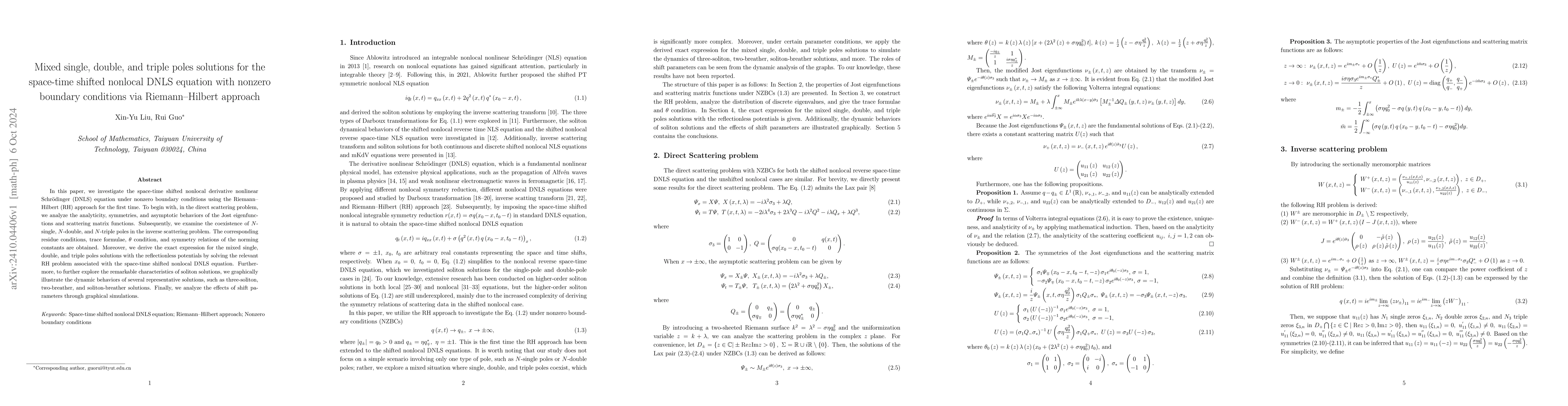 Thumbnail for Mixed single, double, and triple poles solutions for the space-time
  shifted nonlocal DNLS equation with nonzero boundary conditions via
  Riemann--Hilbert approach