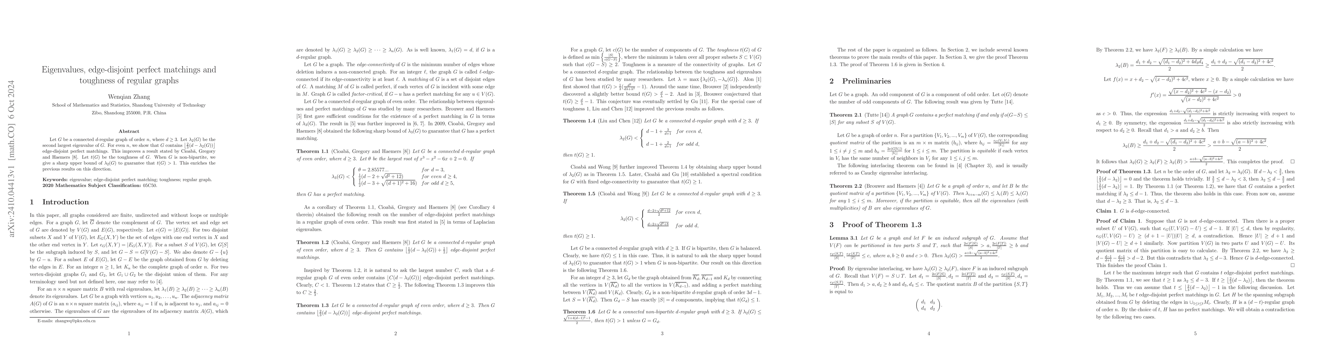 Thumbnail for Eigenvalues, edge-disjoint perfect matchings and toughness of regular
  graphs