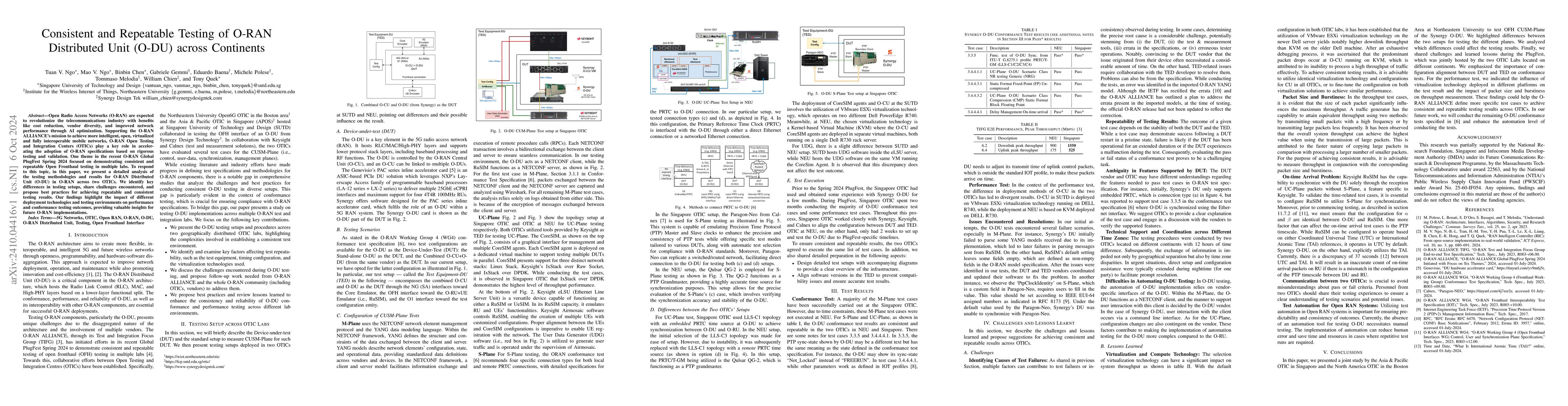 Thumbnail for Consistent and Repeatable Testing of O-RAN Distributed Unit (O-DU)
  across Continents