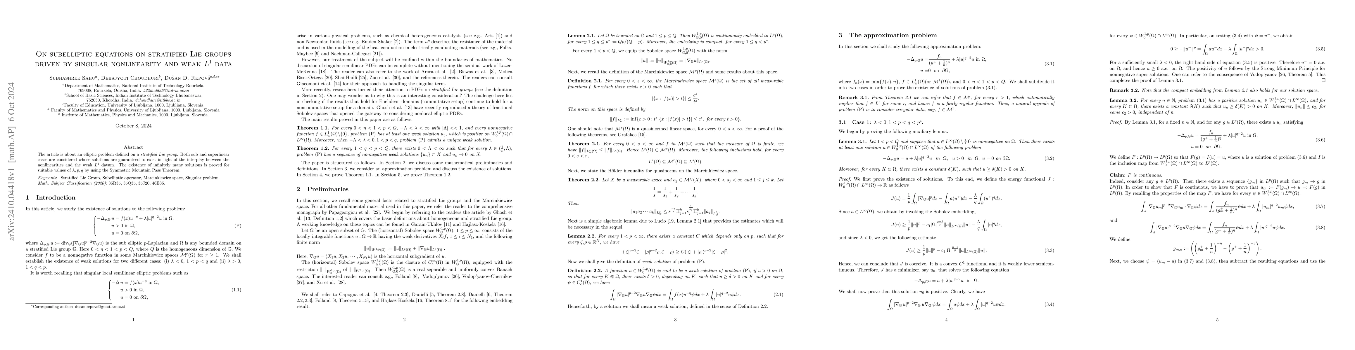 Thumbnail for On subelliptic equations on stratified Lie groups driven by singular
  nonlinearity and weak $L^1$ data