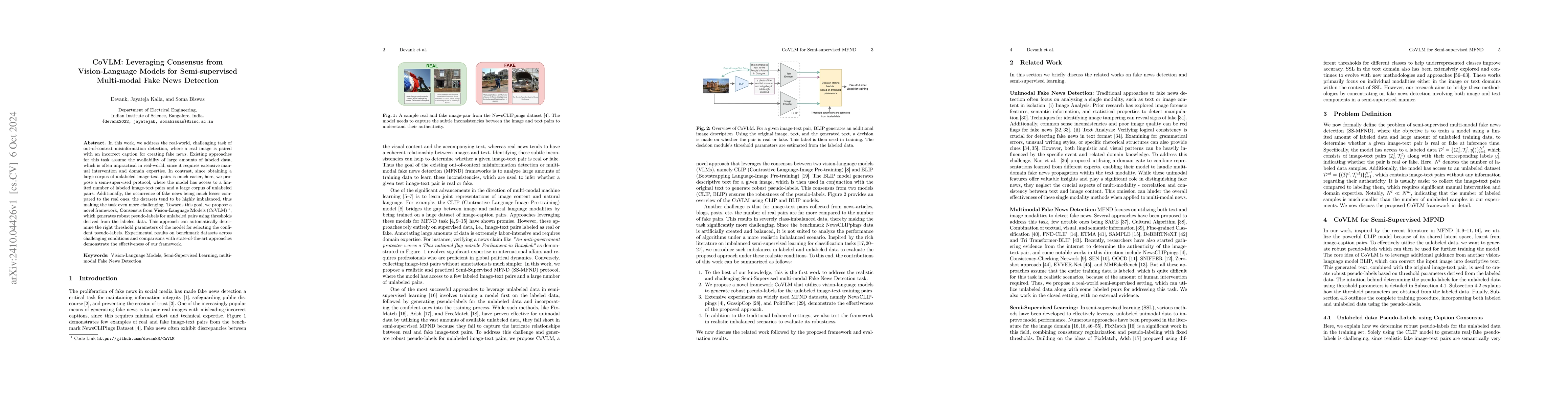 Thumbnail for CoVLM: Leveraging Consensus from Vision-Language Models for
  Semi-supervised Multi-modal Fake News Detection