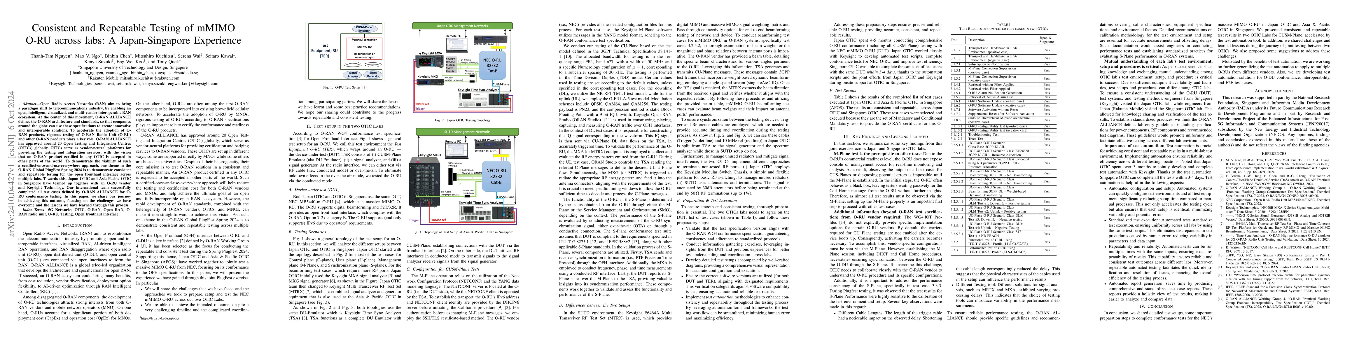 Thumbnail for Consistent and Repeatable Testing of mMIMO O-RU across labs: A
  Japan-Singapore Experience