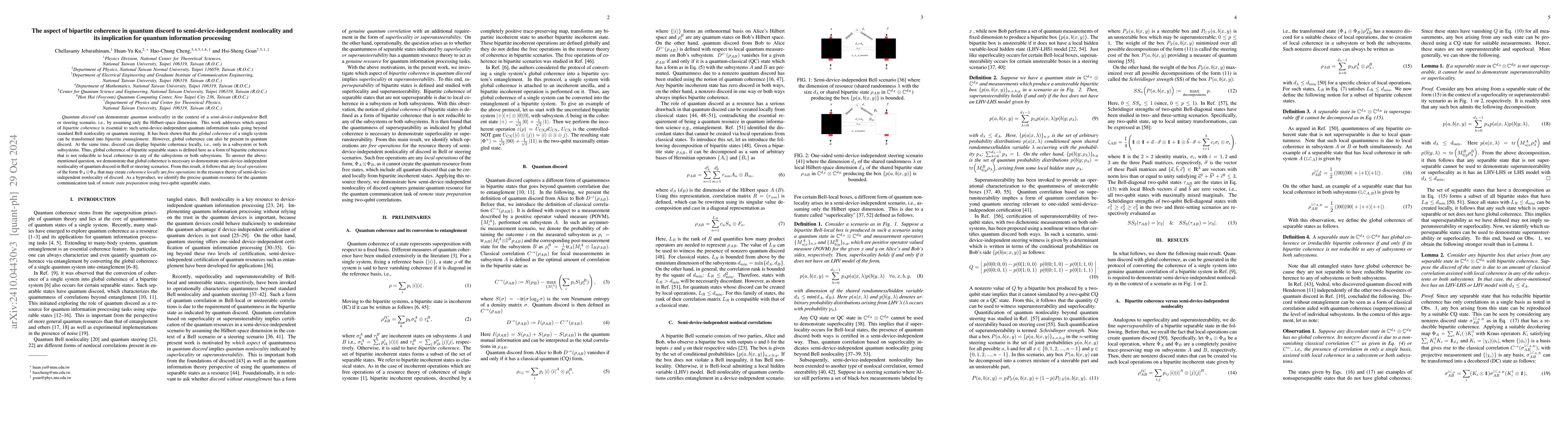 Thumbnail for The aspect of bipartite coherence in quantum discord to
  semi-device-independent nonlocality and its implication for quantum
  information processing
