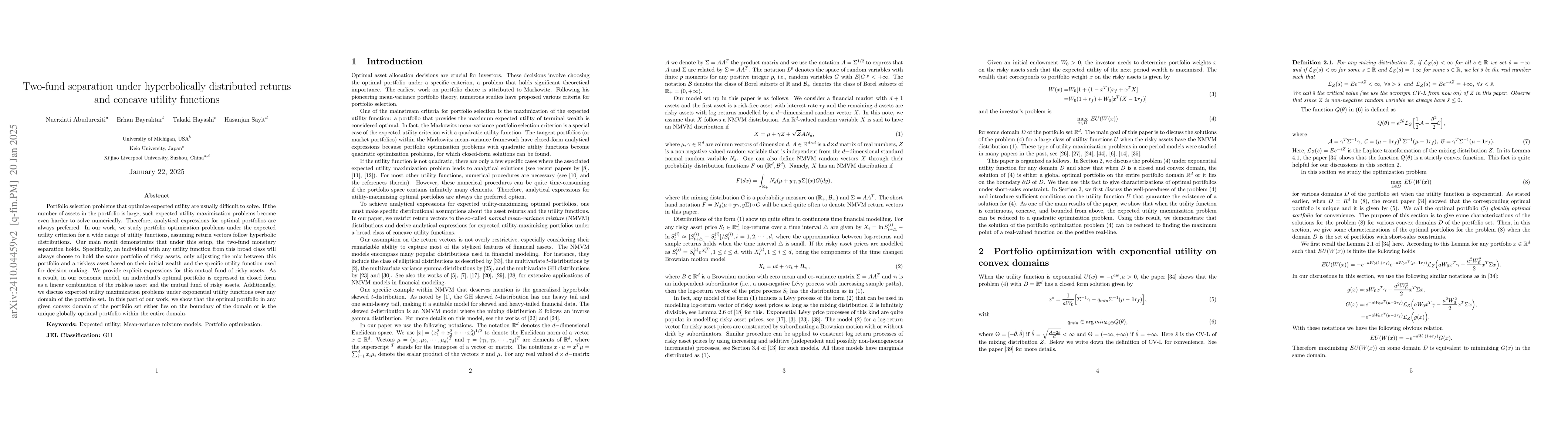 Thumbnail for Two-fund separation under hyperbolically distributed returns and concave
  utility function