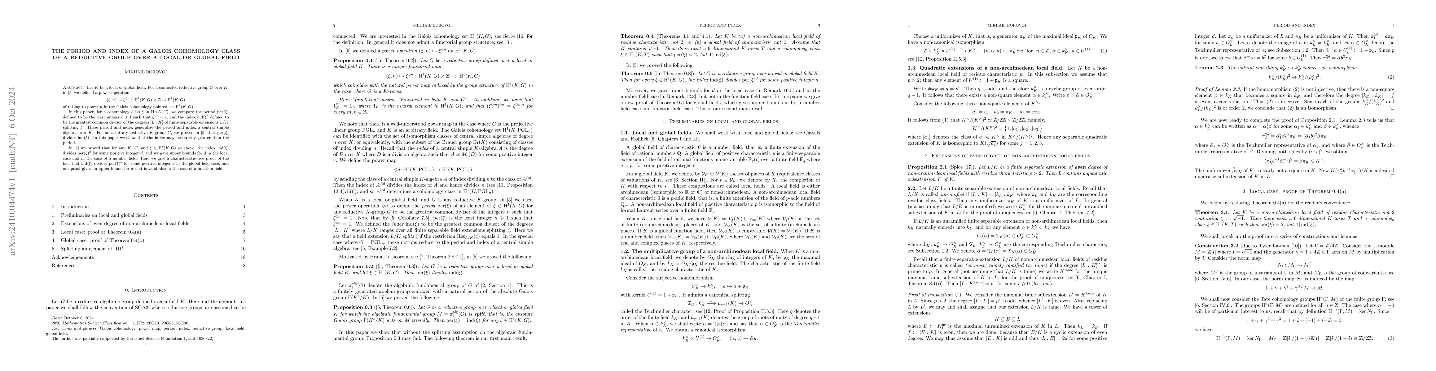 Thumbnail for The period and index of a Galois cohomology class of a reductive group
  over a local or global field
