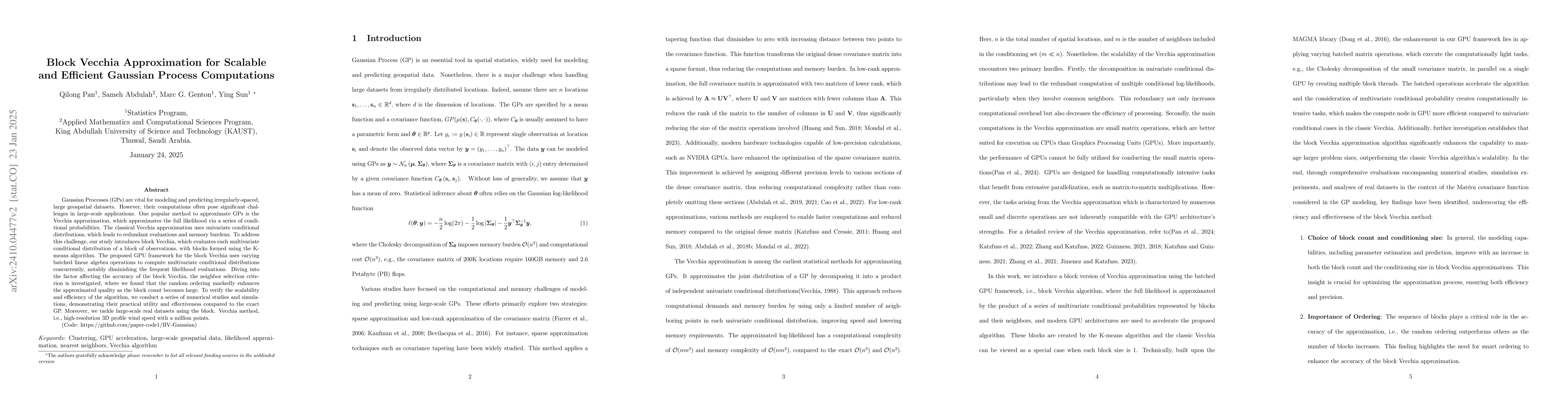Thumbnail for Block Vecchia Approximation for Scalable and Efficient Gaussian Process
  Computations