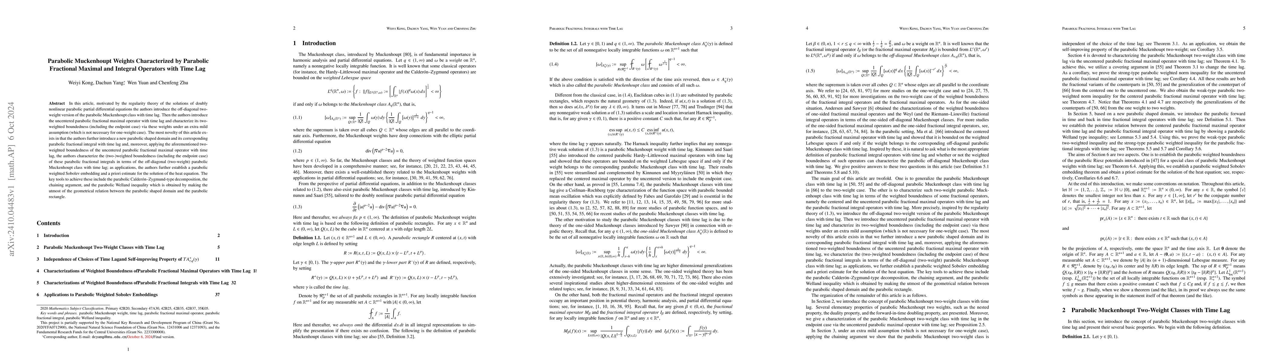 Thumbnail for Parabolic Muckenhoupt Weights Characterized by Parabolic Fractional
  Maximal and Integral Operators with Time Lag