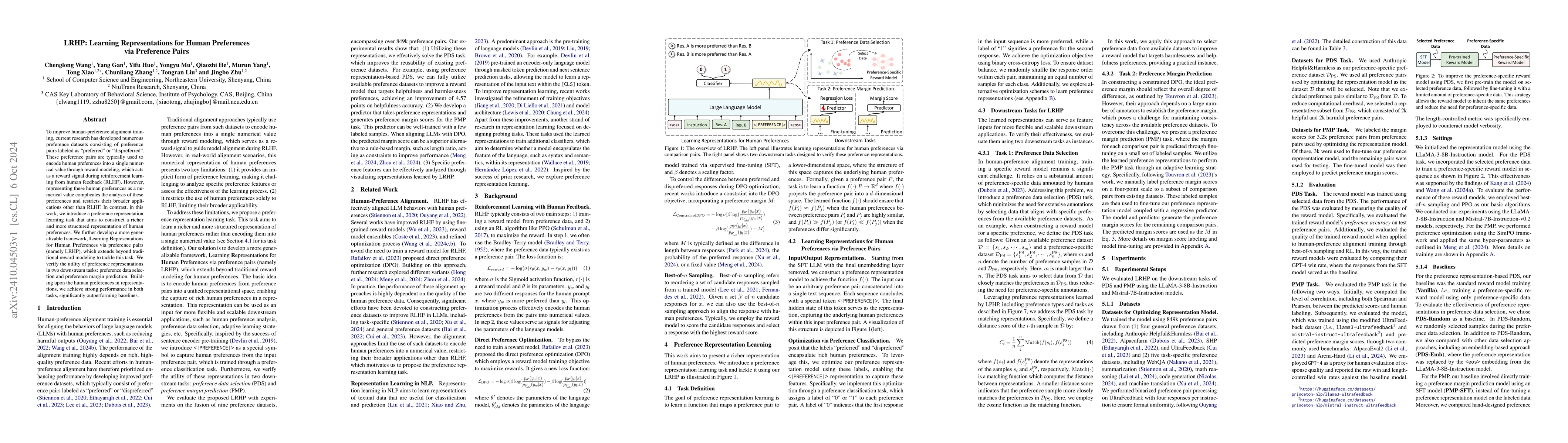 Thumbnail for LRHP: Learning Representations for Human Preferences via Preference
  Pairs