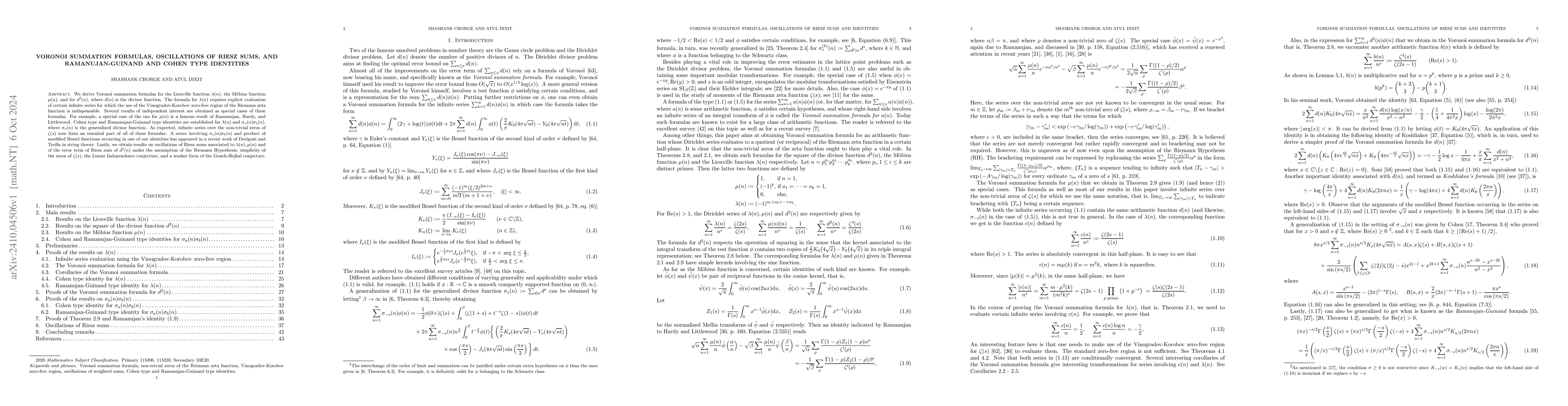 Thumbnail for Voronoi summation formulas, oscillations of Riesz sums, and
  Ramanujan-Guinand and Cohen type identities