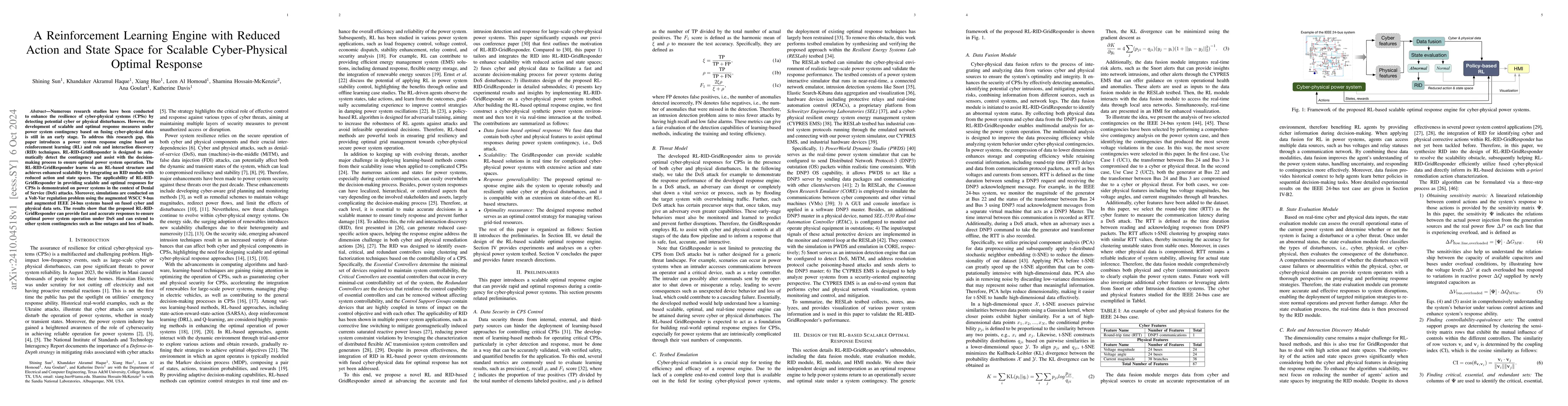 Thumbnail for A Reinforcement Learning Engine with Reduced Action and State Space for
  Scalable Cyber-Physical Optimal Response