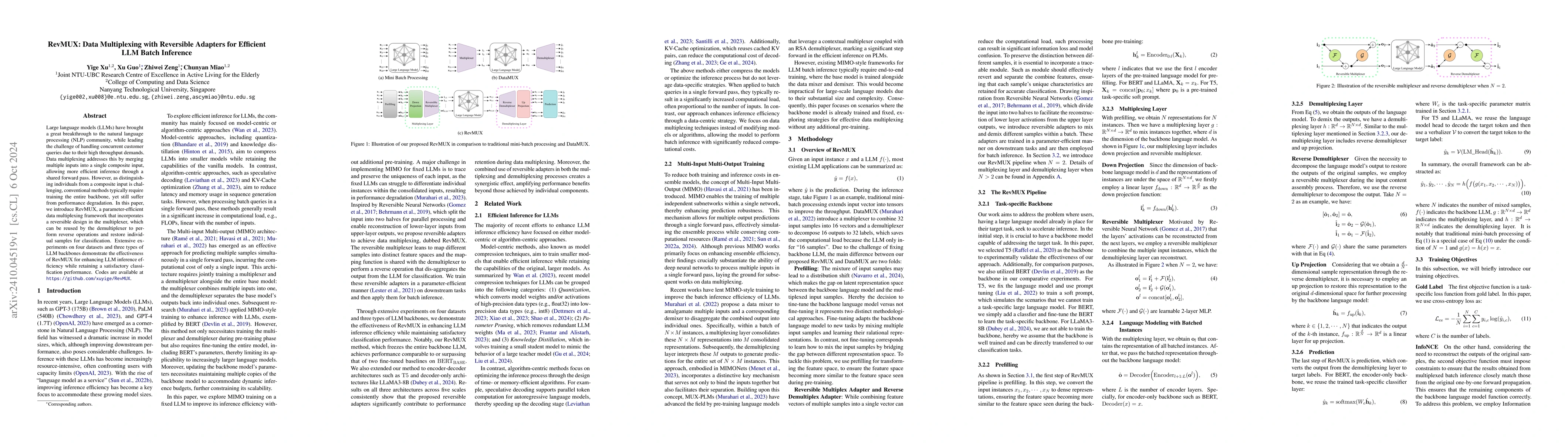 Thumbnail for RevMUX: Data Multiplexing with Reversible Adapters for Efficient LLM
  Batch Inference