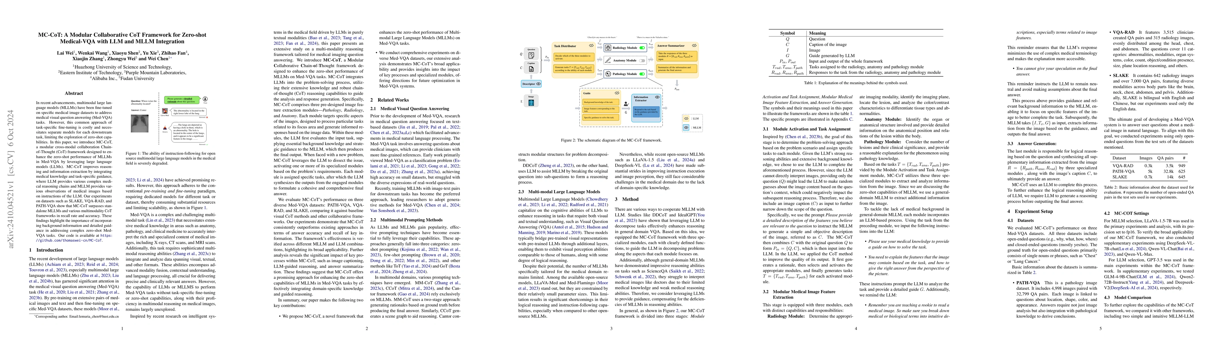 Thumbnail for MC-CoT: A Modular Collaborative CoT Framework for Zero-shot Medical-VQA
  with LLM and MLLM Integration